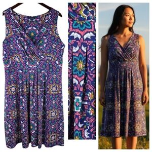 Lands End Dress Sz 1X 16W 18W Blue Pink Kaleidoscope Slvlss Vibrant Stretch Boho